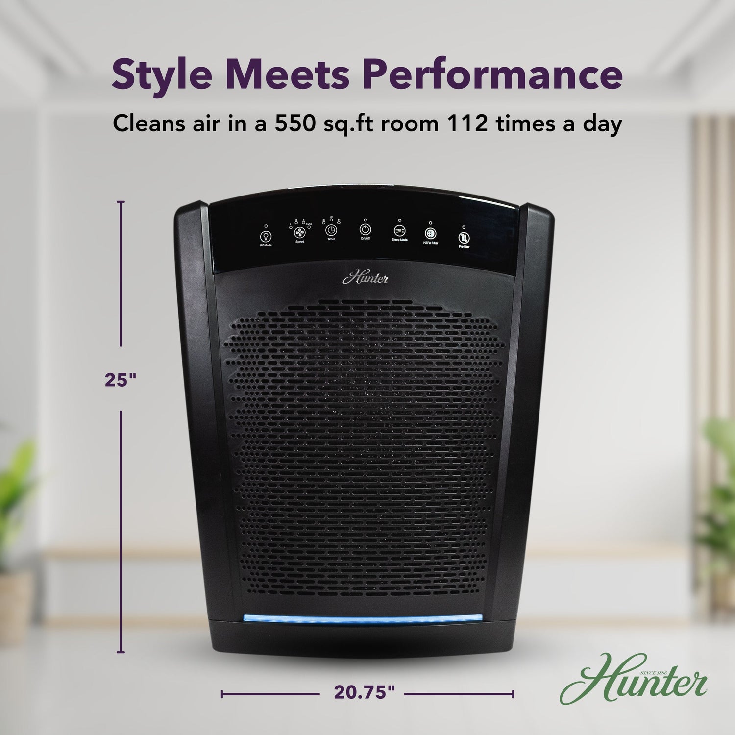 Black air purifier with dimensions and cleaning efficiency text on a light background