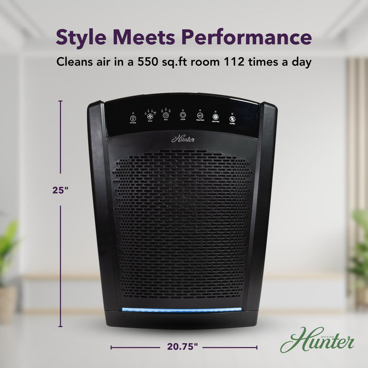 Black air purifier with dimensions and cleaning efficiency text on a light background