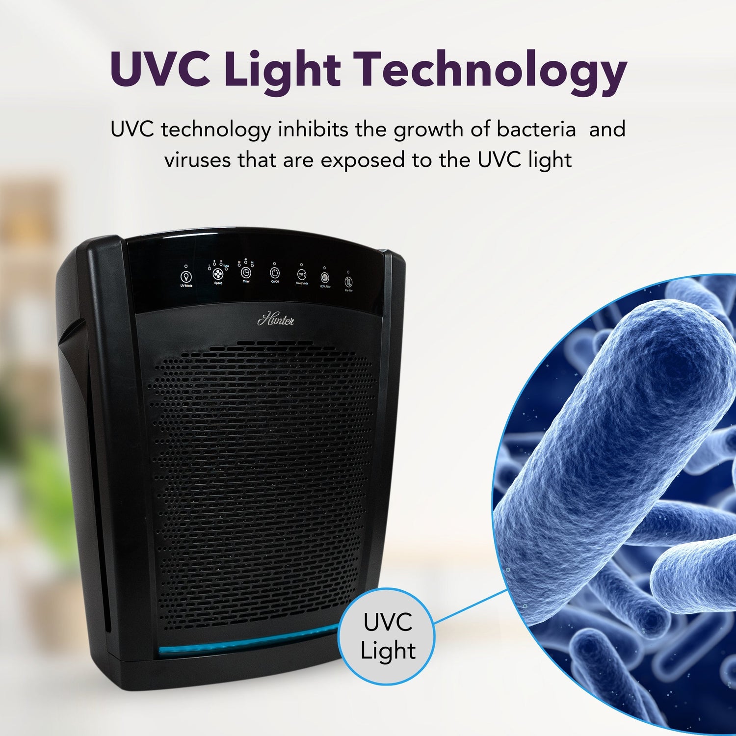 Air purifier with UVC light technology and bacteria illustration on a blurred background