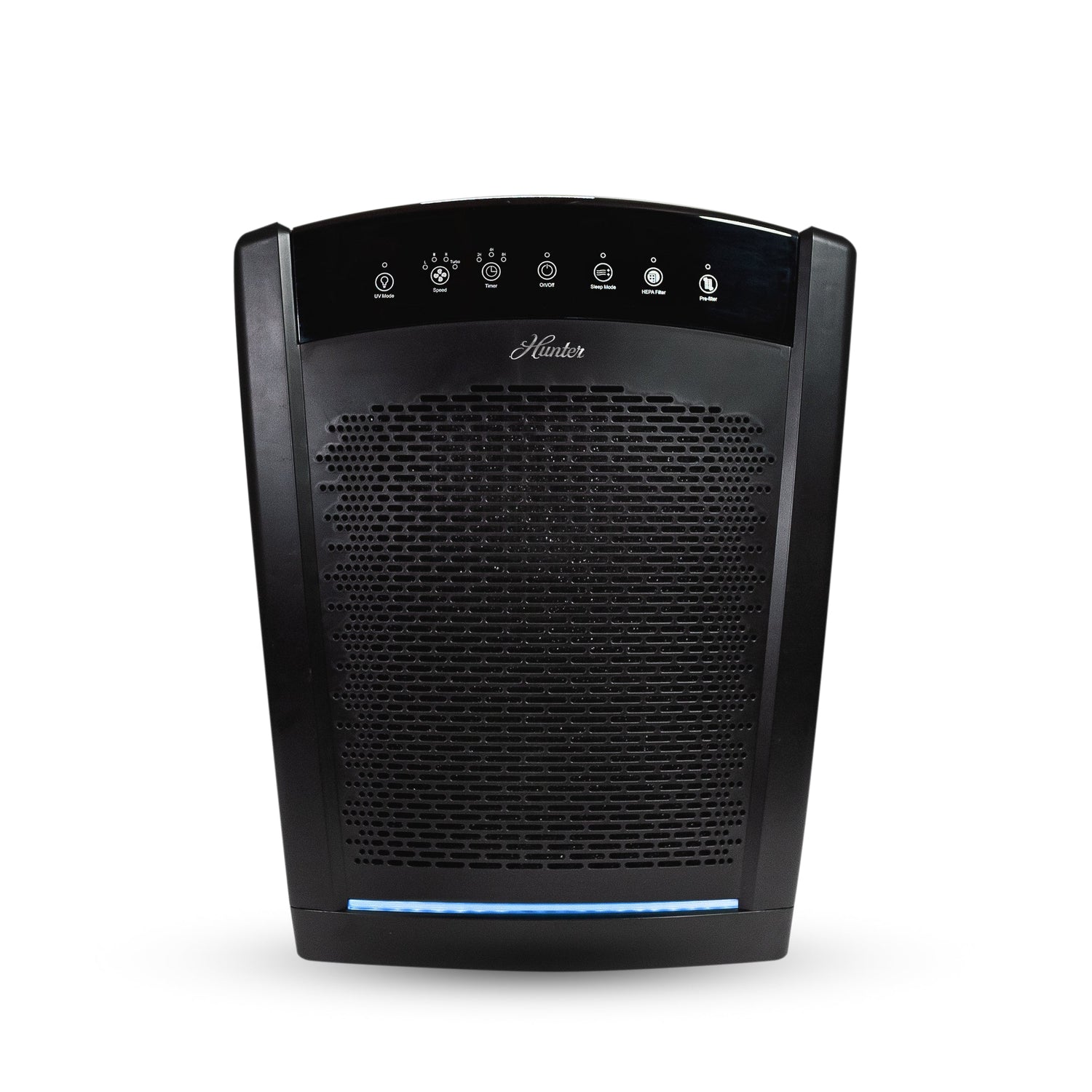 Black air purifier with visible brand logo on a white background