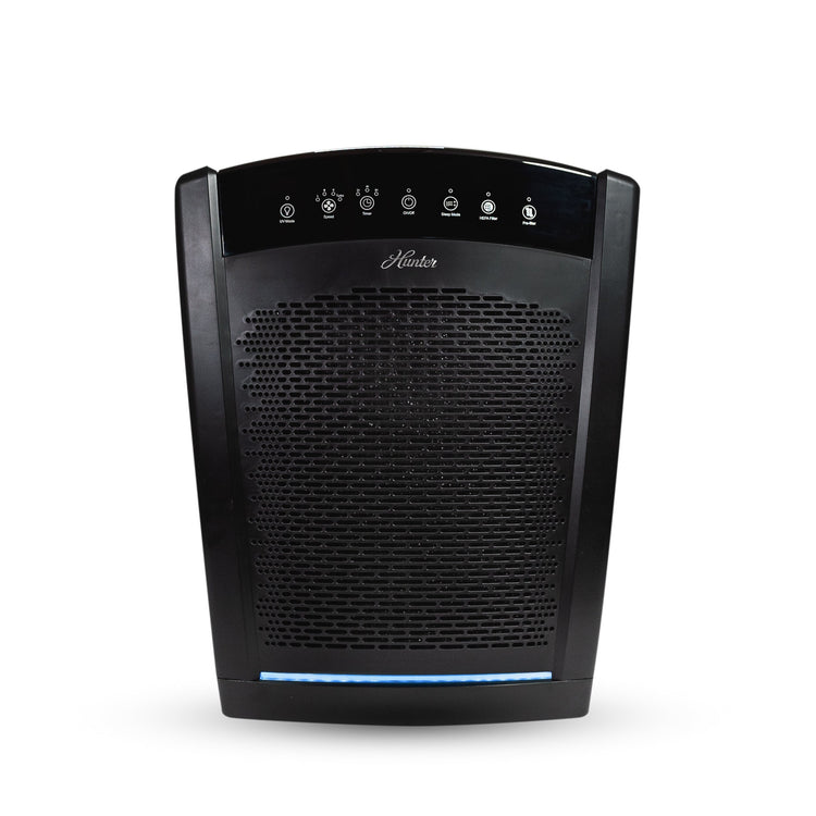 Black air purifier with visible brand logo on a white background