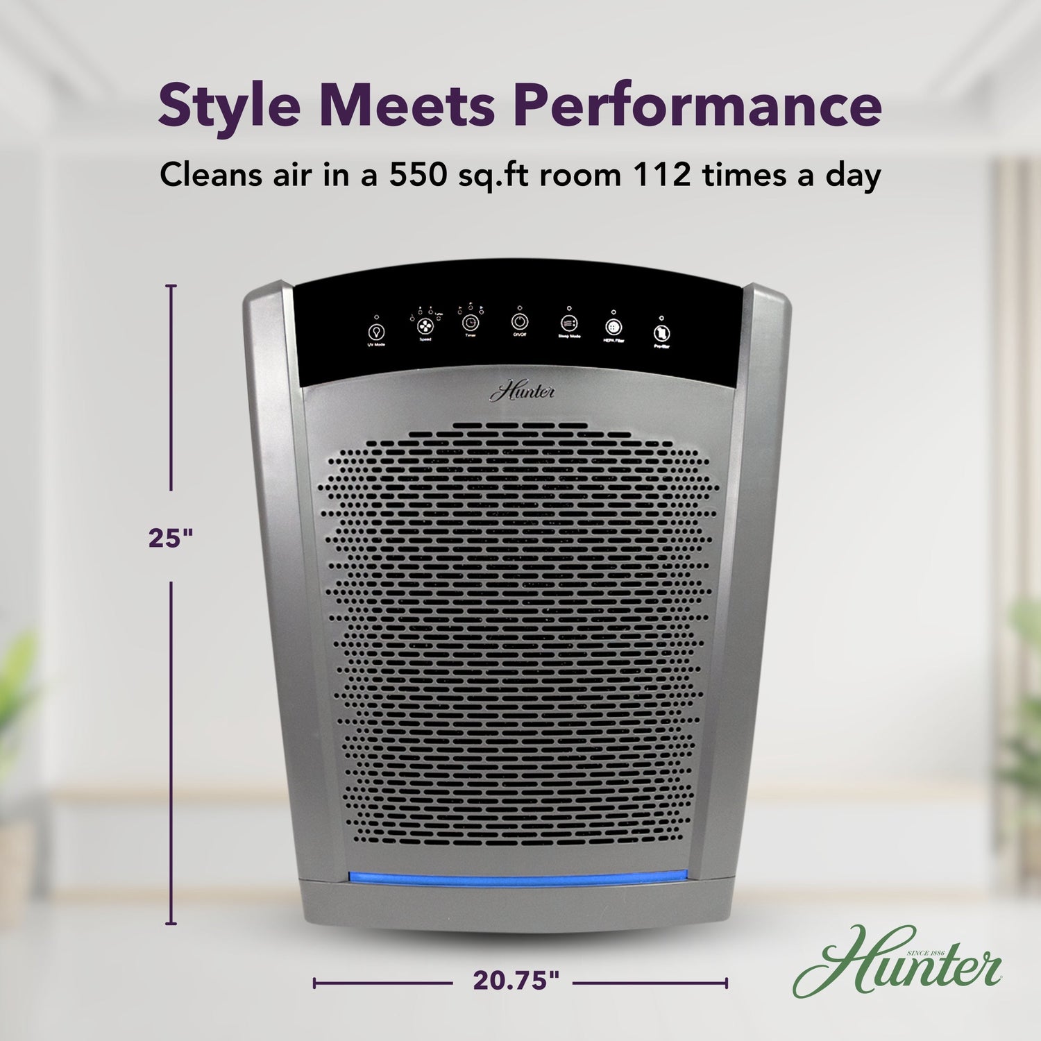 Hunter air purifier with dimensions and cleaning efficiency text on a light background
