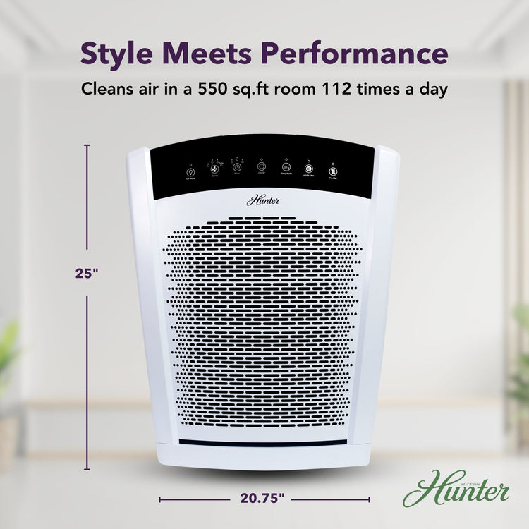 Hunter air purifier with cleaning efficiency text on a light background