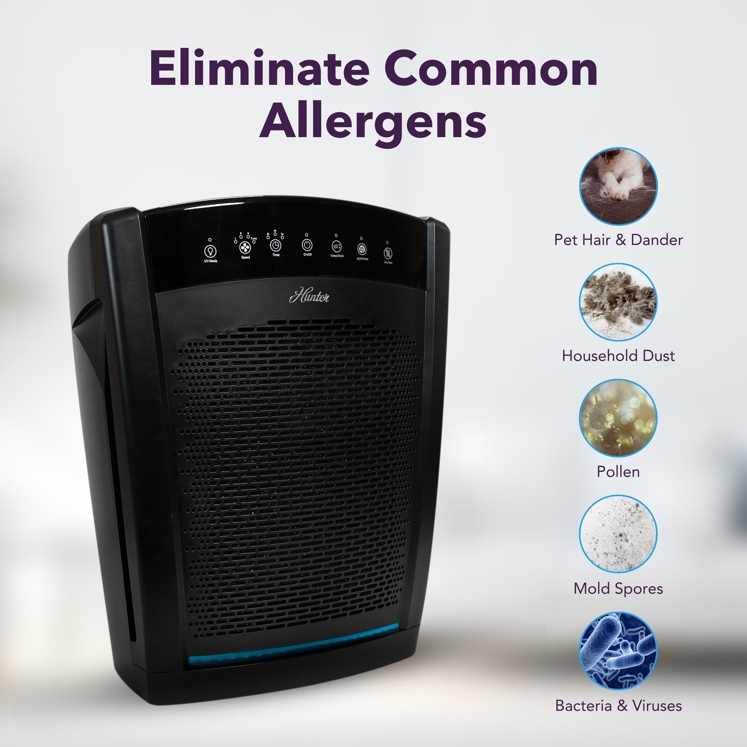 Air purifier with text 'Eliminate Common Allergens' and images of allergens on a light background