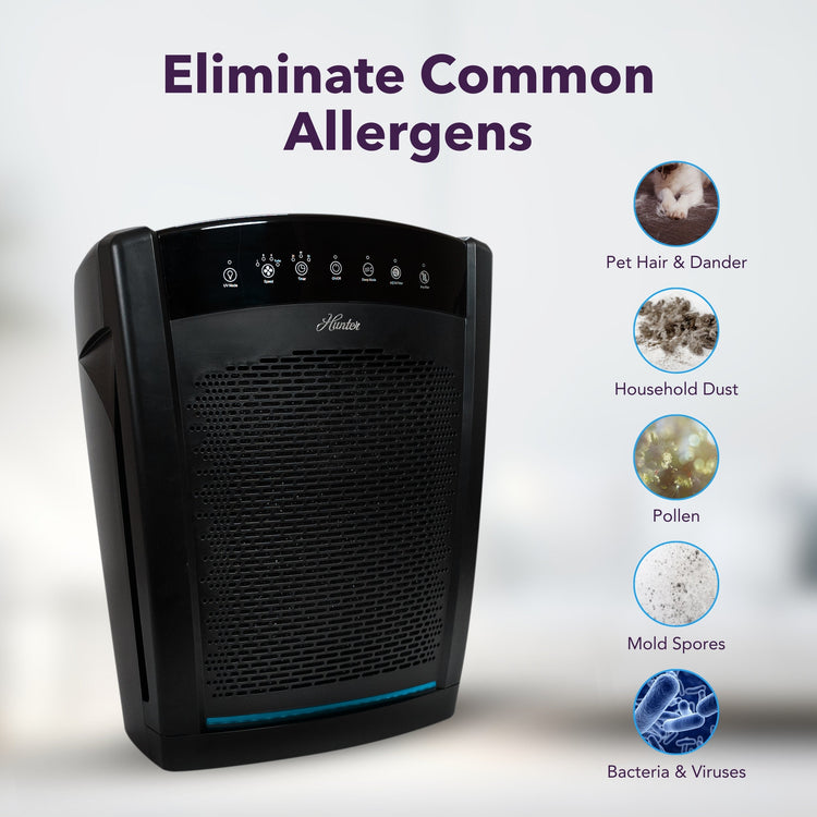 Air purifier with text 'Eliminate Common Allergens' and images of allergens on a light background