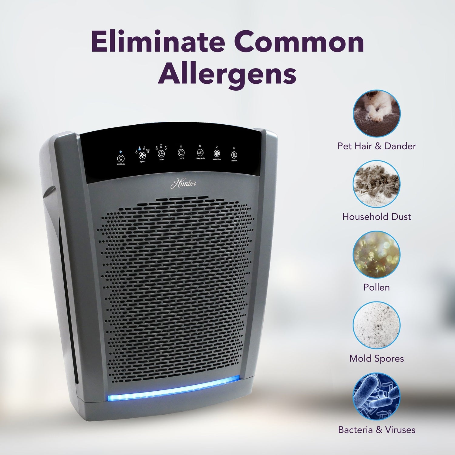 Air purifier with features to eliminate common allergens on a light background