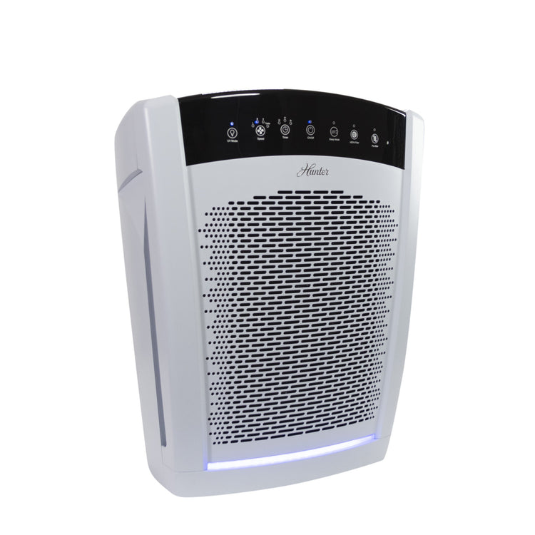 Air purifier with a black top and white body on a white background