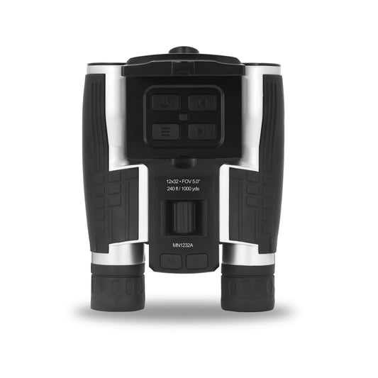 Digital binoculars with a small screen displaying an image of birds on a white background