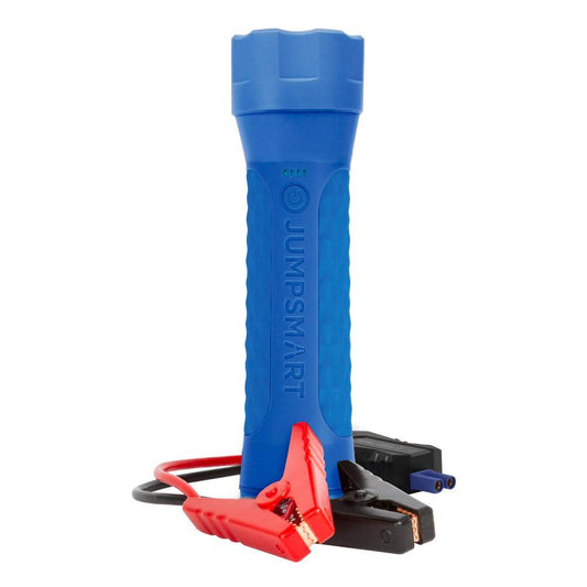 Blue jump starter with red and black clamps on a white background