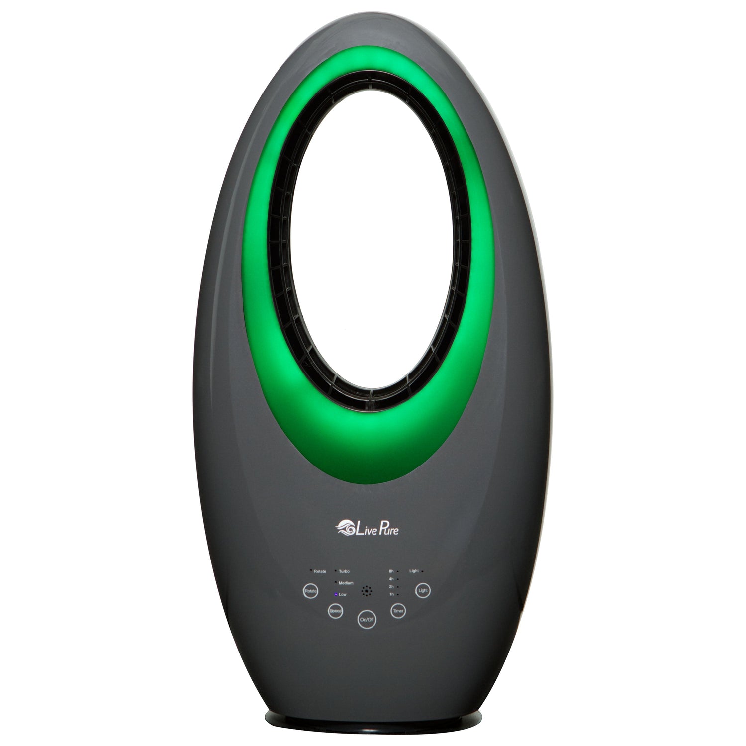Gray and green circular device with a brand logo on a white background