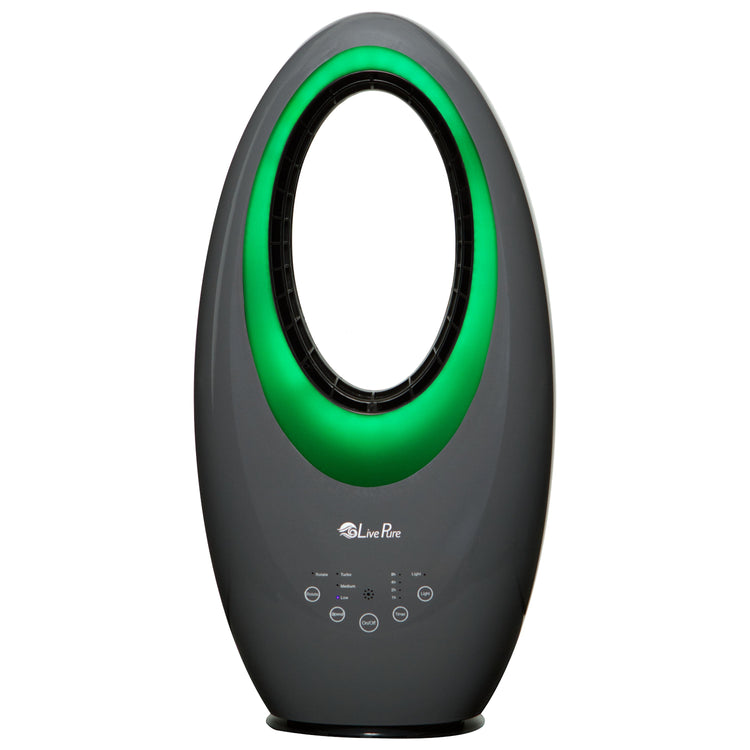 Gray and green circular device with a brand logo on a white background