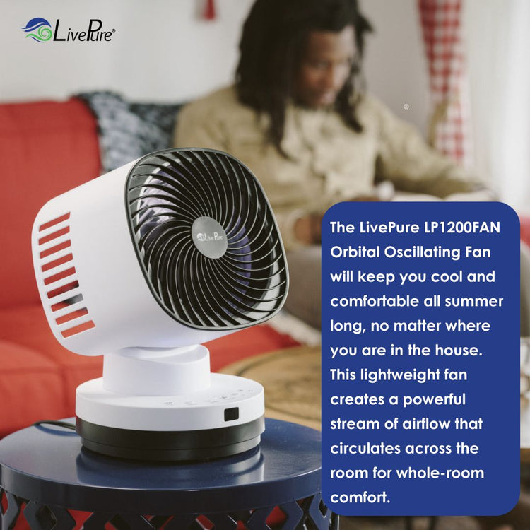 LivePure LP1200FAN orbital oscillating fan on a table with a person sitting in the background.