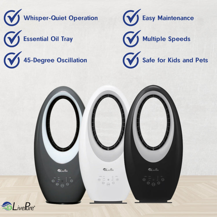 Three portable air purifiers with features listed above on a white background