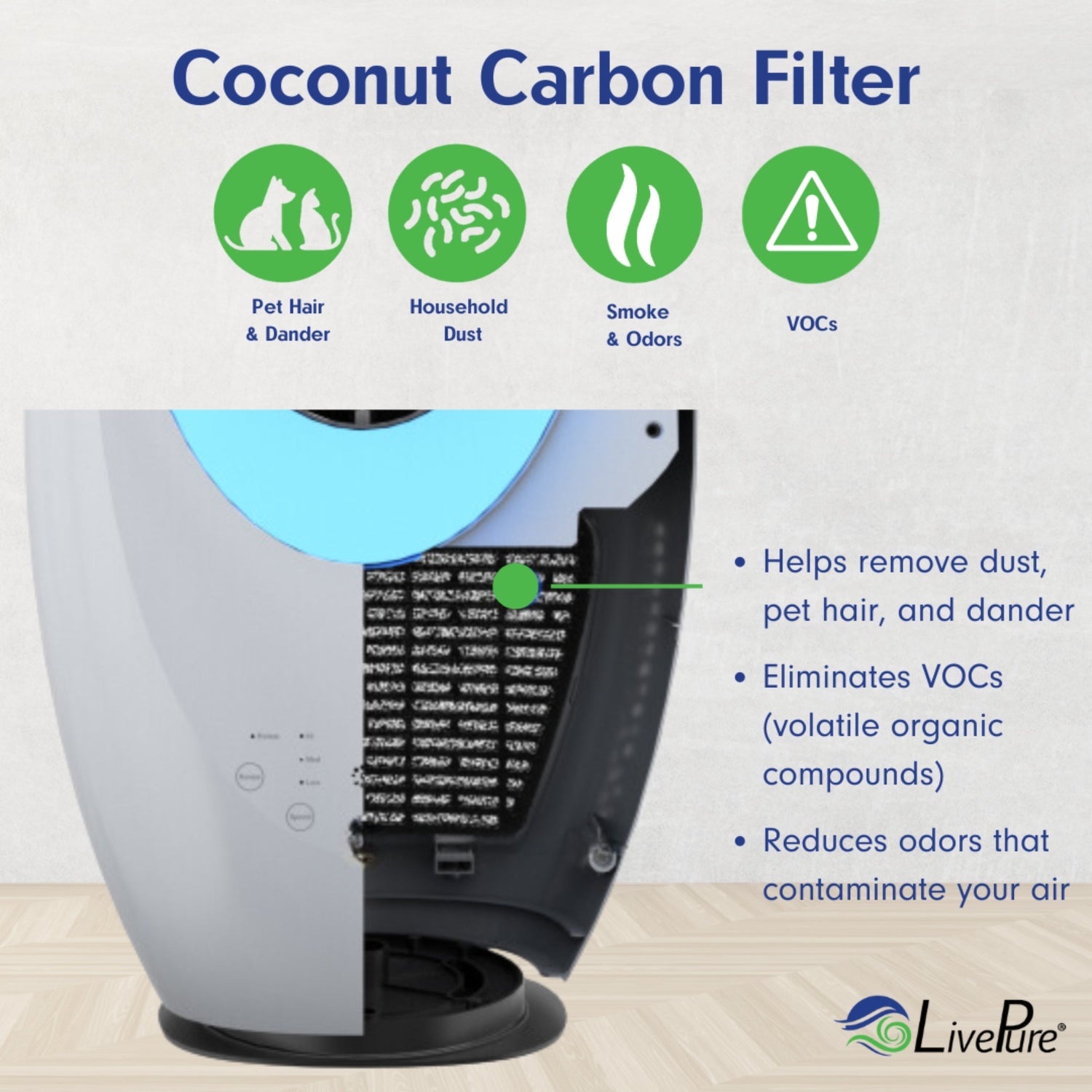 Coconut carbon filter with features listed on a white background