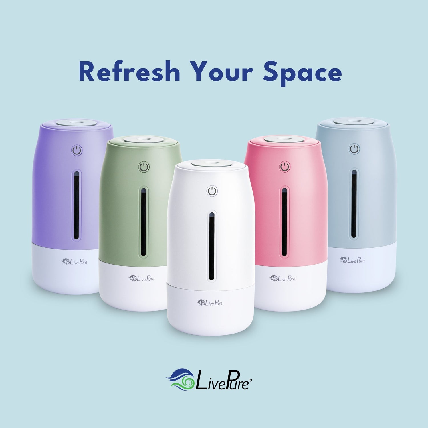 Five colorful humidifiers on a light blue background with 'LivePure' branding.