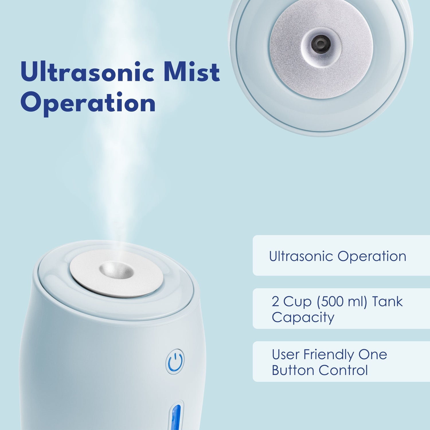 Ultrasonic mist operation with product on light blue background