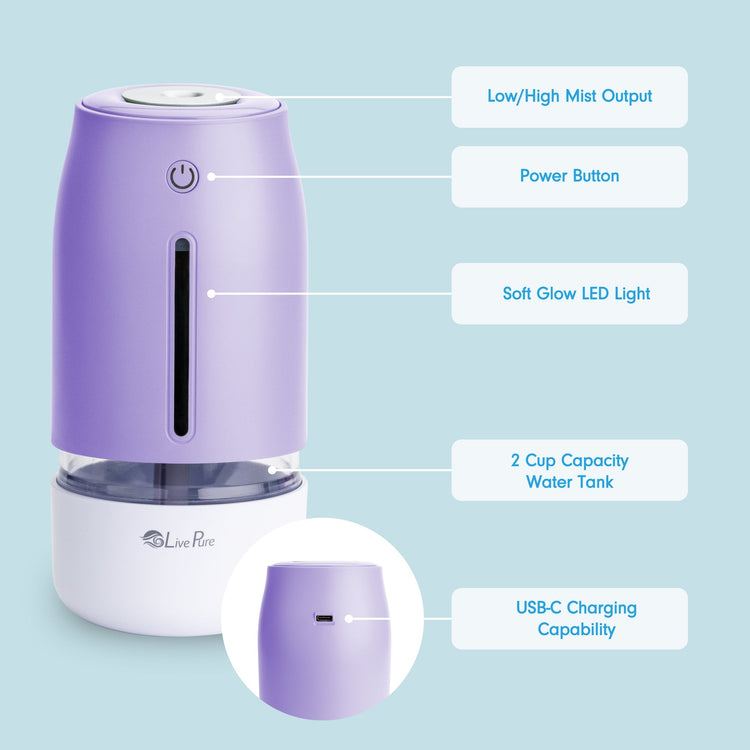 Purple humidifier with labeled features on a light blue background