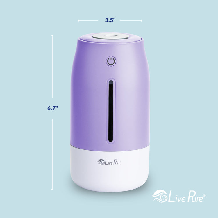 Purple and white humidifier with dimensions on a light blue background, featuring the Live Pure brand.
