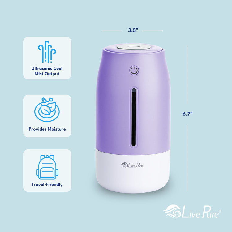 Purple ultrasonic humidifier with features and dimensions on a light blue background