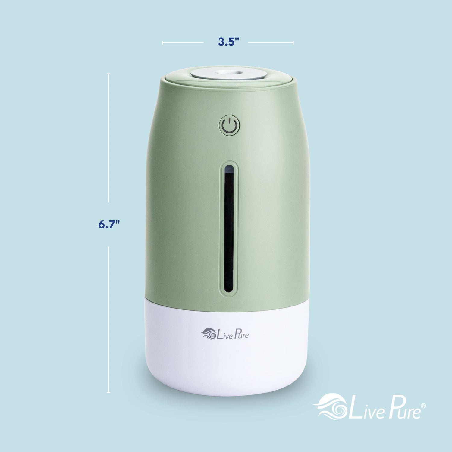 Green and white humidifier with dimensions on a light blue background, featuring the Live Pure brand.