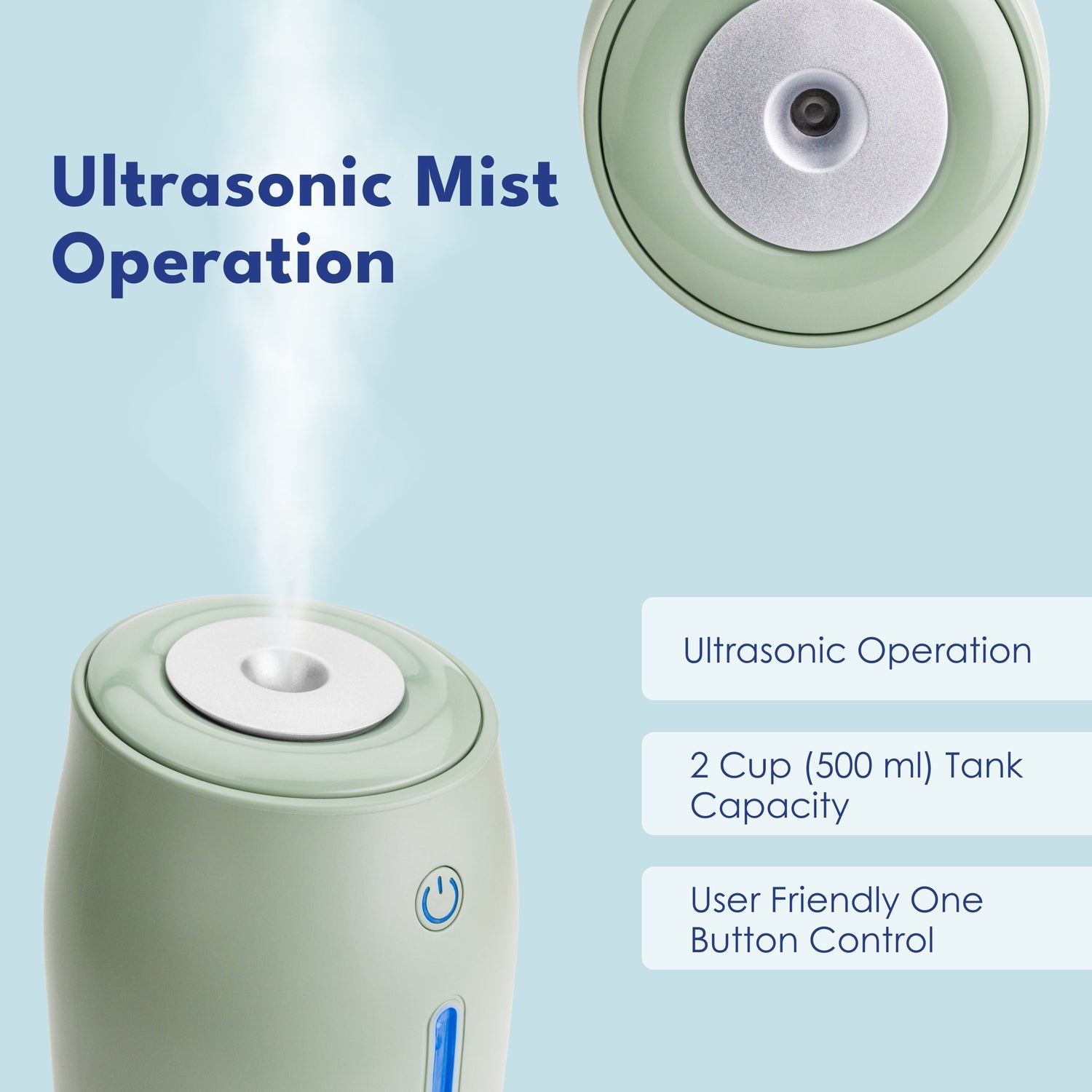 Green ultrasonic humidifier with mist being emitted on a light blue background, featuring text about its operation and features.