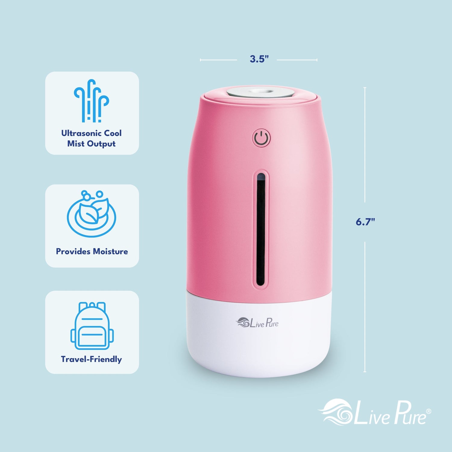 Pink ultrasonic cool mist humidifier with dimensions and features on a light blue background