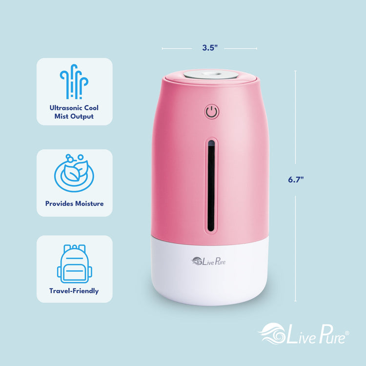 Pink ultrasonic cool mist humidifier with dimensions and features on a light blue background