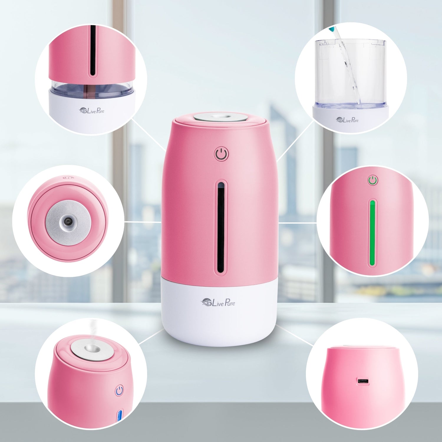 Pink and white humidifier with close-up insets on a light gray background
