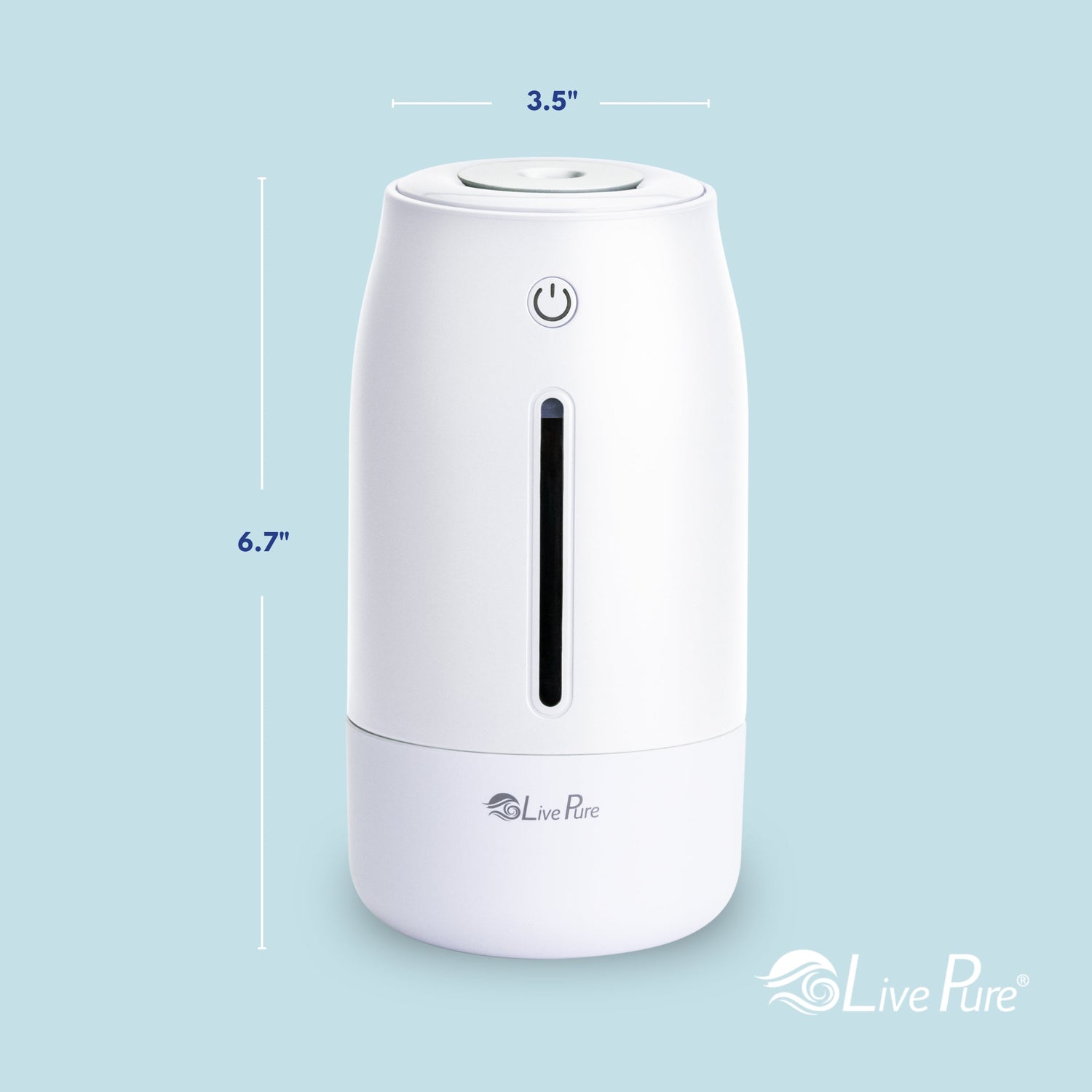 White humidifier with dimensions labeled on a light blue background, featuring the Live Pure brand.