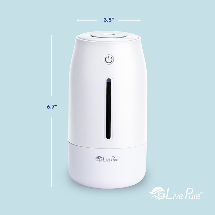 White humidifier with dimensions labeled on a light blue background, featuring the Live Pure brand.