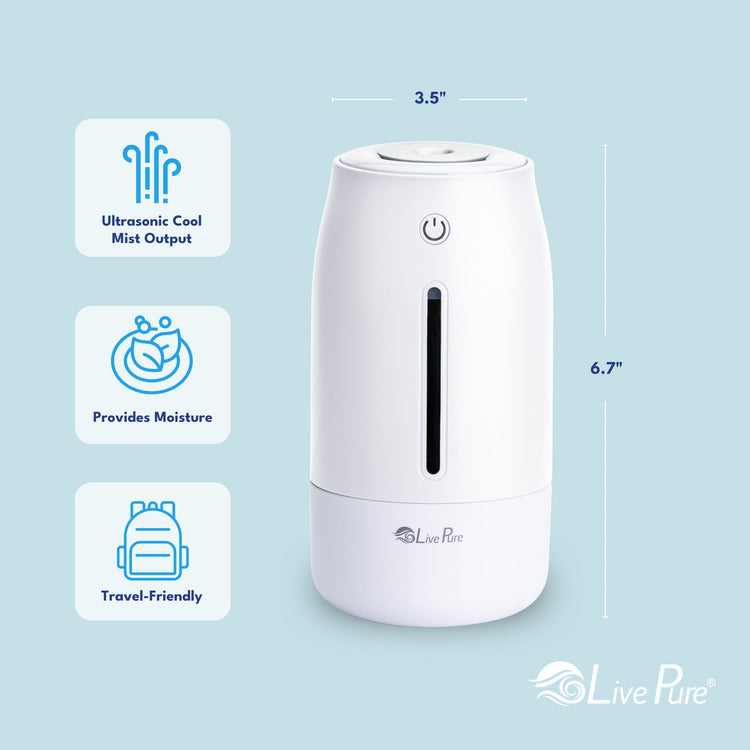 White ultrasonic humidifier with features and dimensions on a light blue background