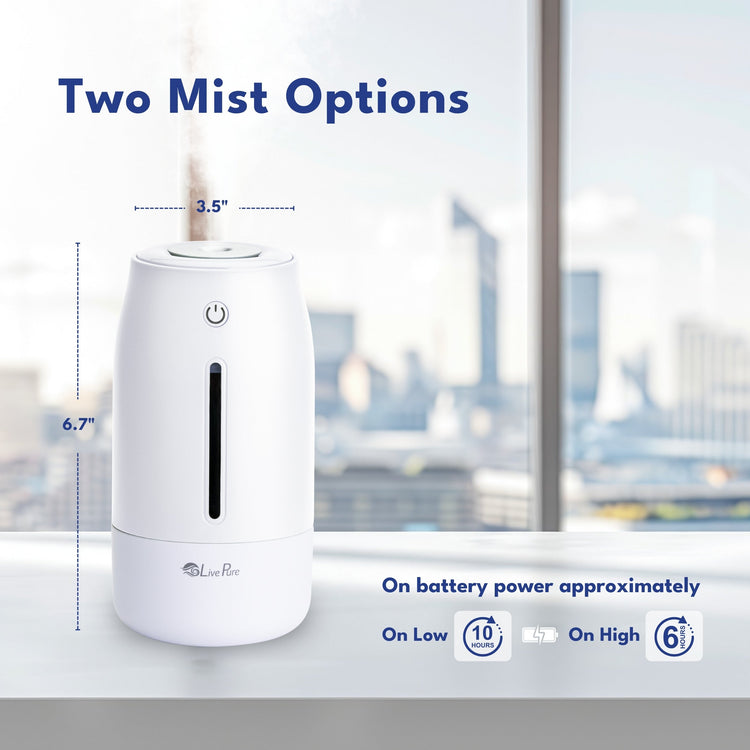 White ultrasonic humidifier with measurements and battery power display on a blurred cityscape background