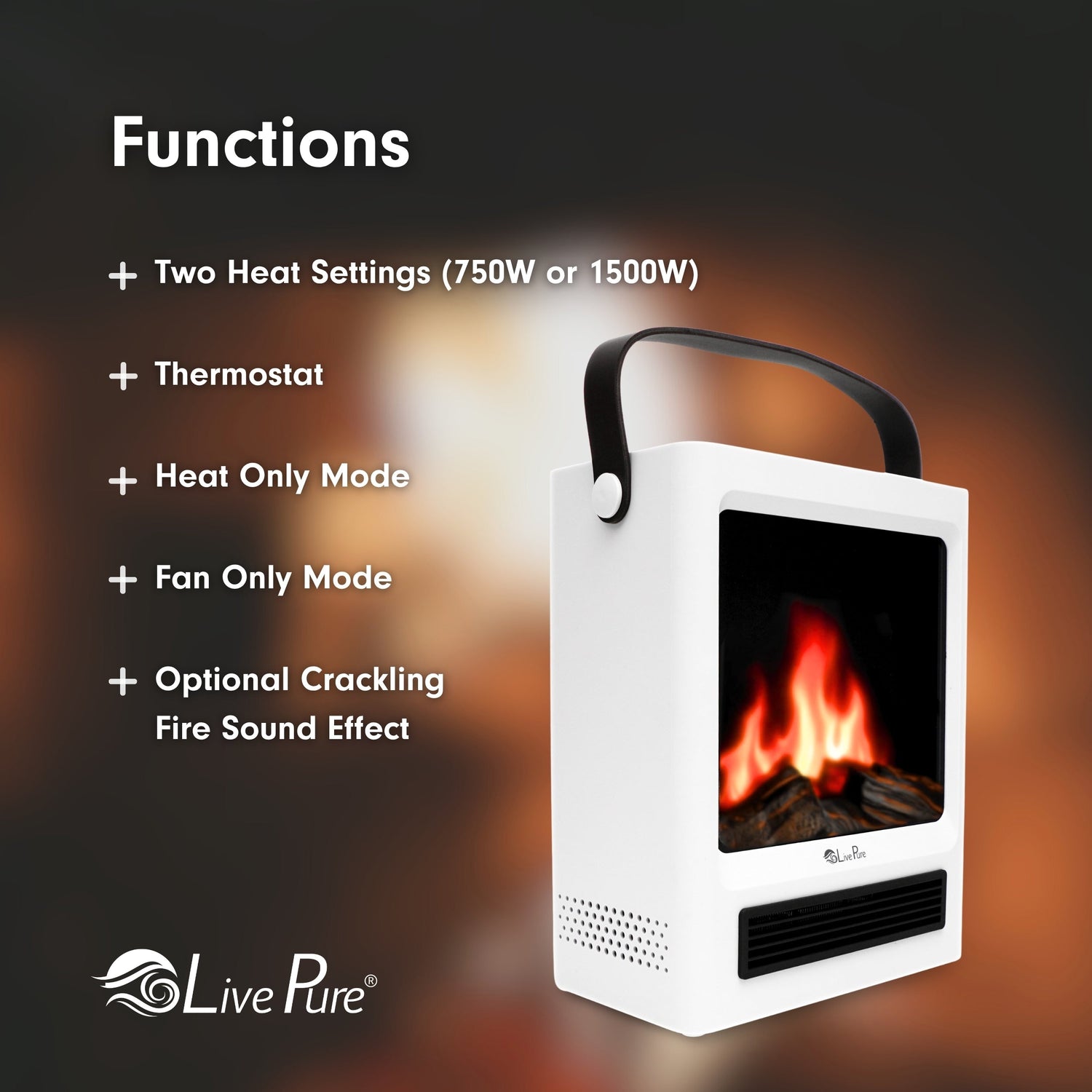 Portable heater with flame display and feature list on a dark background, featuring the Live Pure brand.