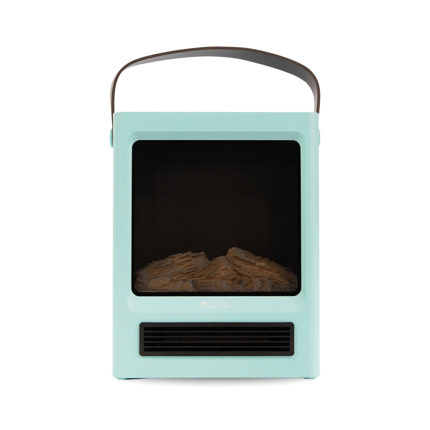 Portable electric fireplace with teal exterior and black interior on a white background