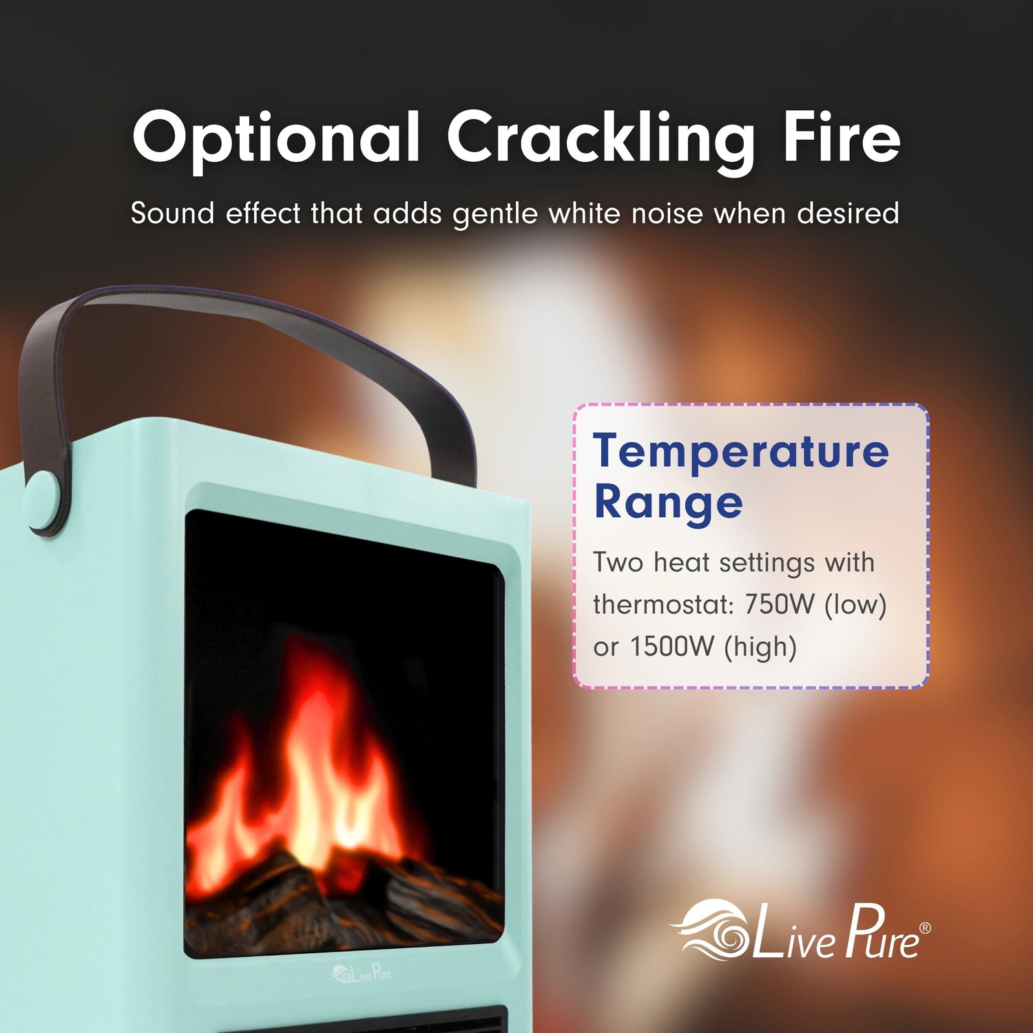 Portable heater with crackling fire effect and temperature range details, featuring the Live Pure brand.