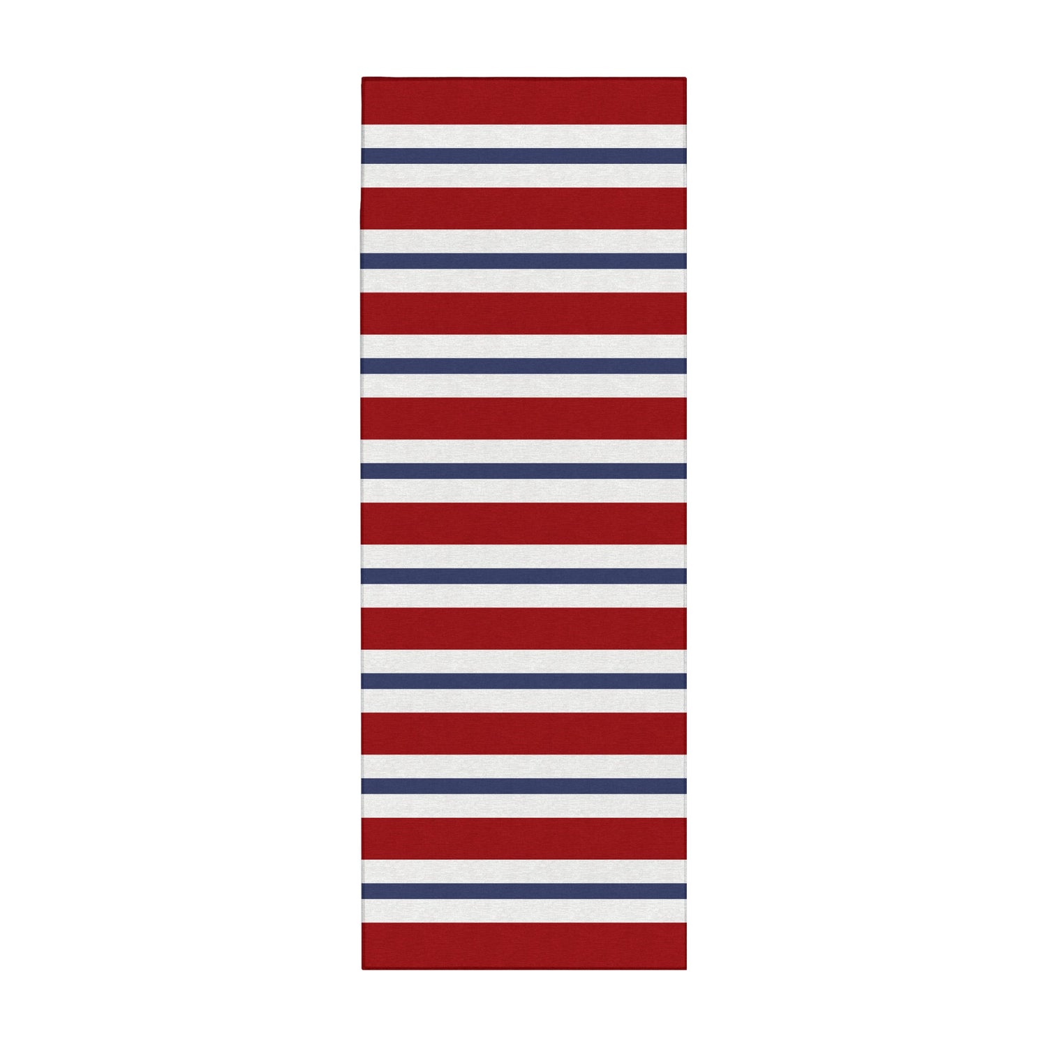Rectangular mat with red, white, and blue horizontal stripes on a white background