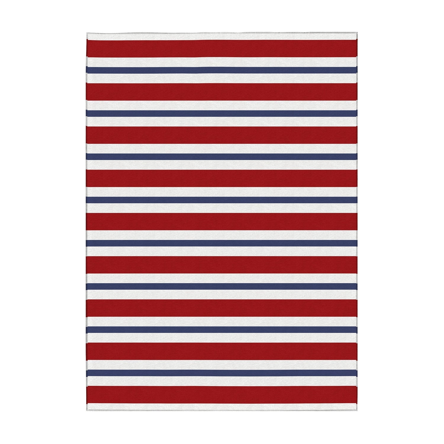 Rectangular rug with red, white, and blue horizontal stripes on a white background