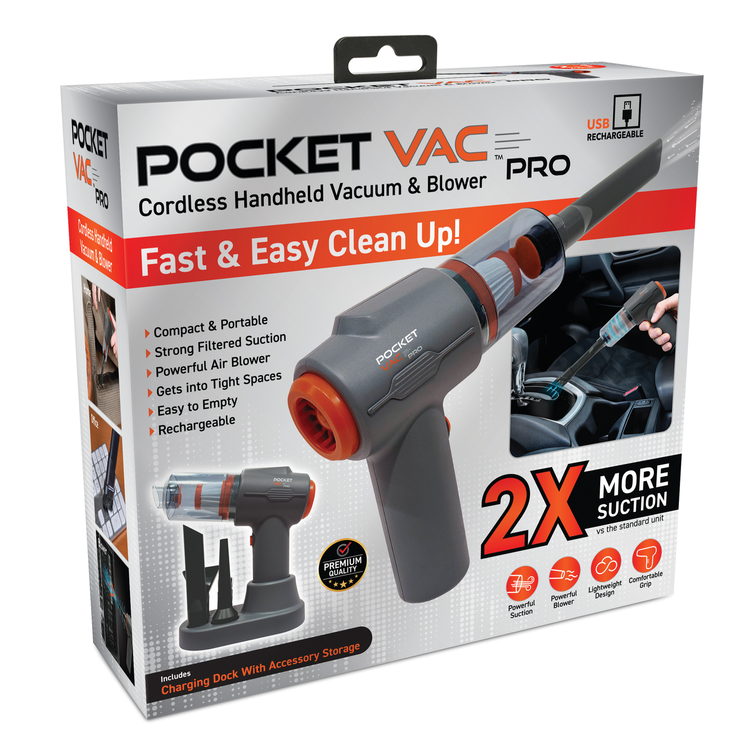 Pocket Vac Pro cordless handheld vacuum and blower packaging on a white background