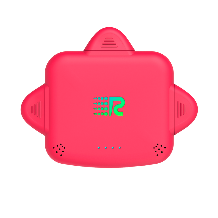 Red electronic device with a logo on a white background