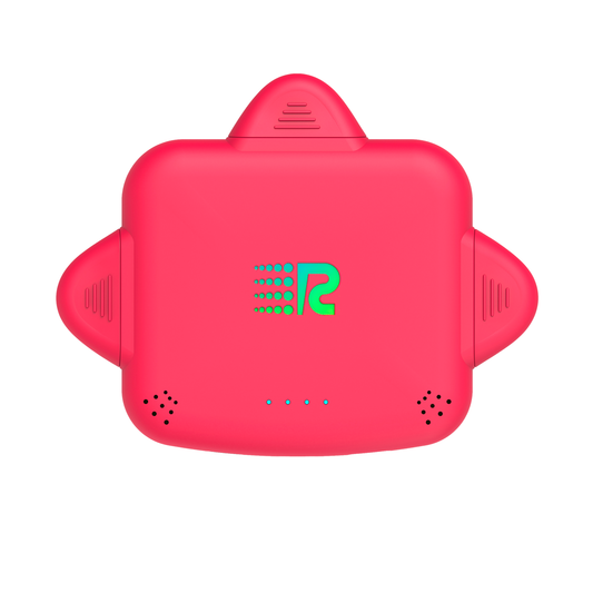 Red electronic device with a logo on a white background