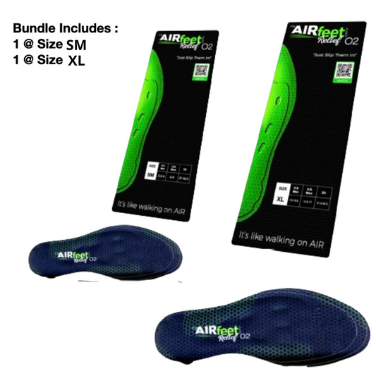 Two pairs of AIRfeet O2 shoe inserts with packaging on a white background.