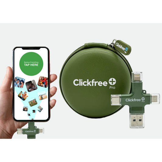 A red ClickFree Pro 128GB universal photo and video backup device with a USB connector and a smartphone displaying the ClickFree app.