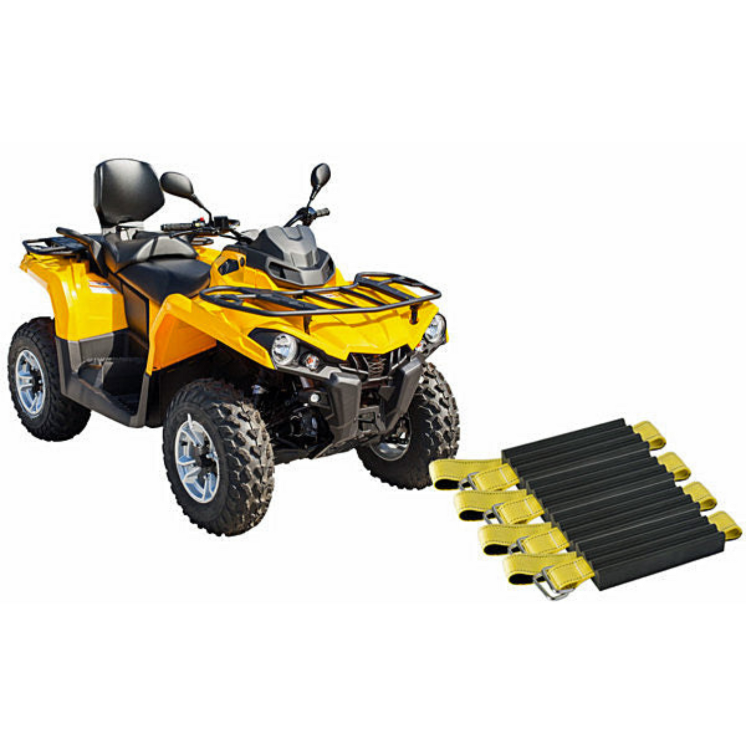Yellow ATV with a set of yellow and black ramps on a white background