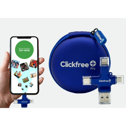A red ClickFree Pro 128GB universal photo and video backup device with a USB connector and a smartphone displaying the ClickFree app.