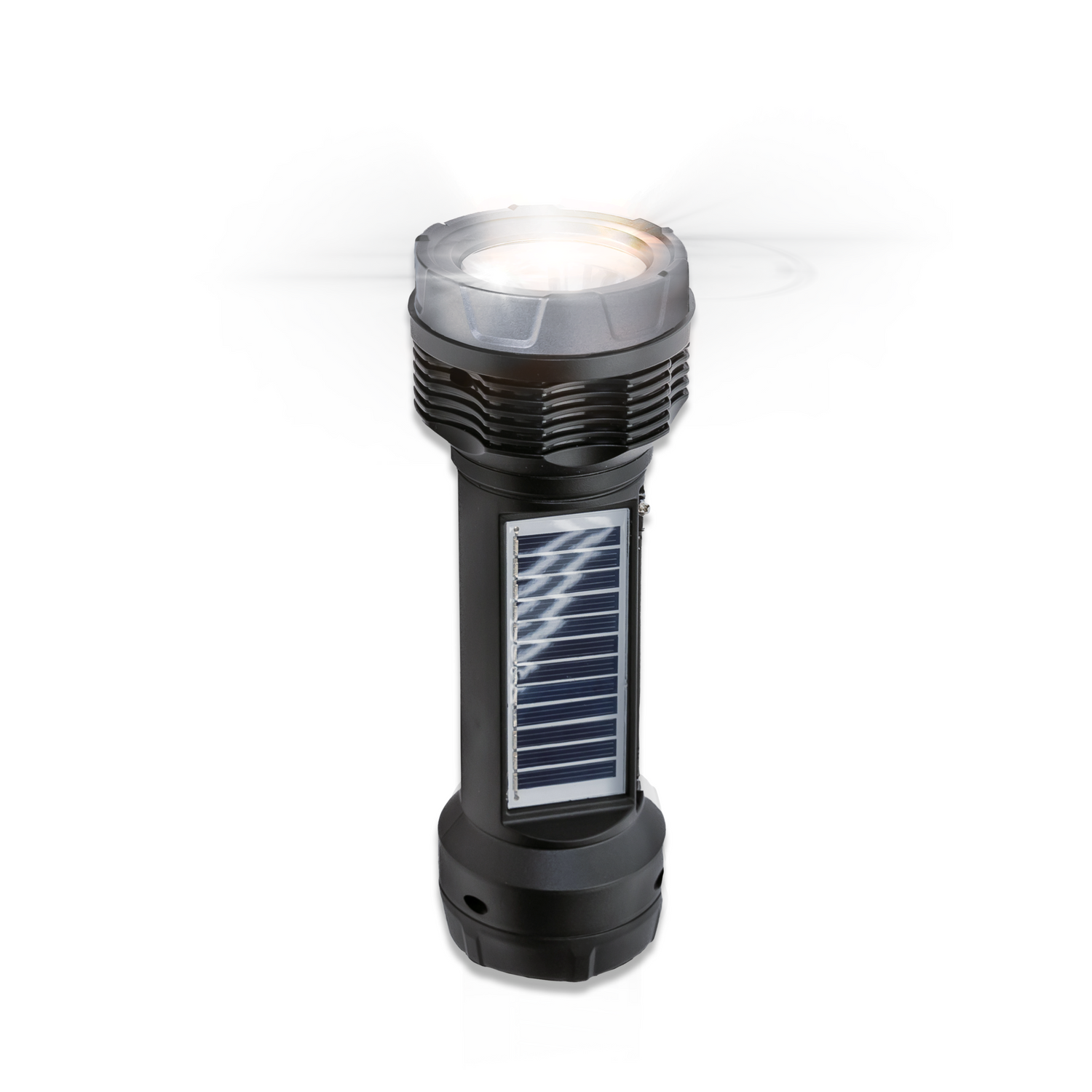 Black flashlight with solar panel on a white background