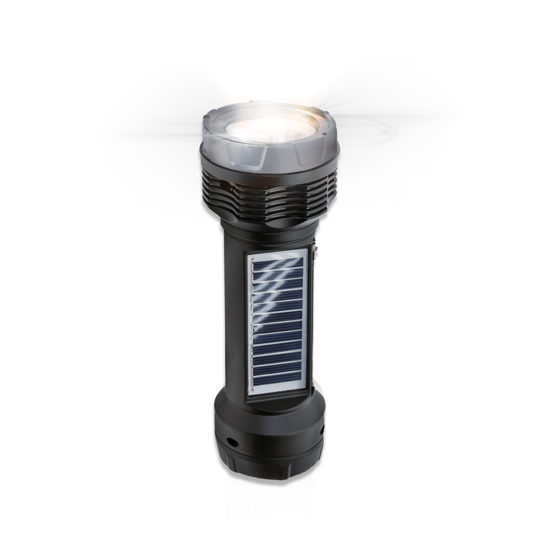 Black flashlight with solar panel on a white background