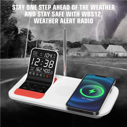 Weather alert radio with charging pad on a road during a stormy day.
