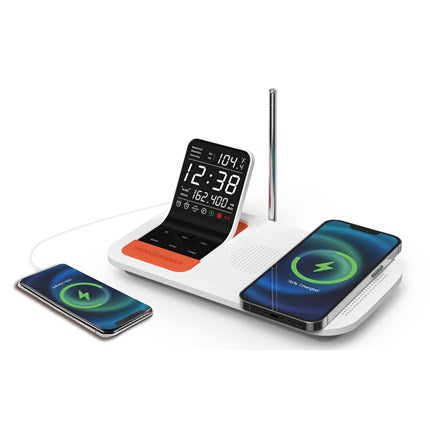 Multi-device charging station with two smartphones and a tablet on a white background